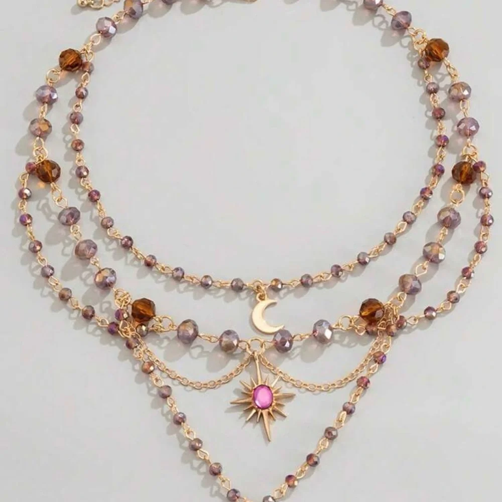 Celestial Layered Choker Necklace Star Moon Pink Purple Gold Tone Vtg Style NEW